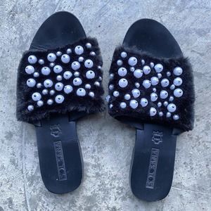 Sol Sana Teresa Faux Fur Pearl Beaded Slides 39 US 8.5